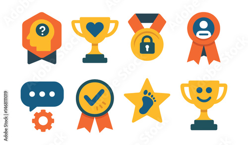 Flat vector icons of responsible social media use: think before you post badge, positive online behavior trophy, content sharing control medal, online etiquette guide ribbon, comment section
