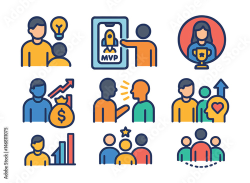 Flat vector icons of startup mentorship programs: early-stage startup mentoring, MVP development guidance, startup pitch coaching badge, venture funding mentorship, startup growth hacking mentor