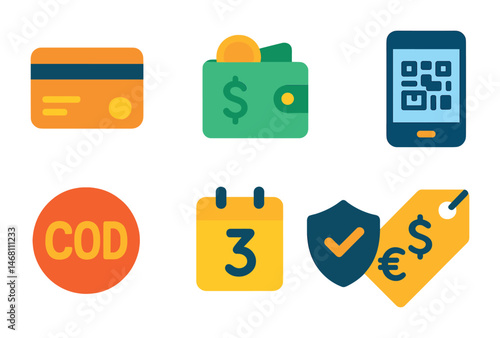 Flat vector icons of payment options: credit card icon, digital wallet symbol, bank transfer sheet, mobile payment QR, cash on delivery badge, installment plan icon, secure payment shield, multiple