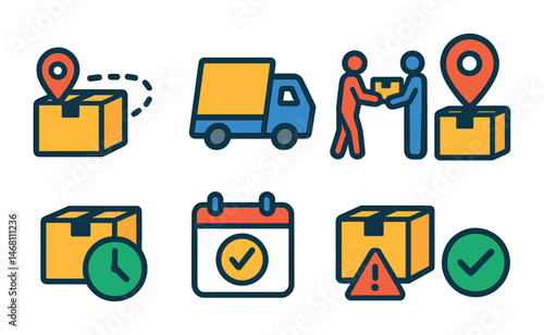 Flat vector icons of delivery and shipping status: package on route icon, delivery truck symbol, courier handoff, pickup point location, same-day shipping icon, delivery date calendar, delayed
