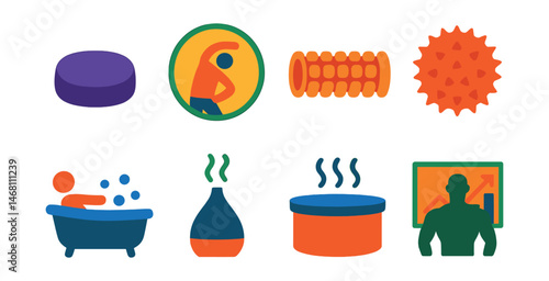 Flat vector icons of wellness and recovery: meditation cushion icon, stretching guide badge, foam roller, massage ball, spa day bath icon, aromatherapy diffuser, hot tub soak, muscle recovery chart.