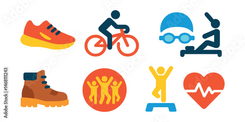 Flat vector icons of cardio activities: running track shoe, cycling bike icon, swimming cap and goggles, rowing machine symbol, hiking boots, group dance badge, aerobic jump icon, cardio heart