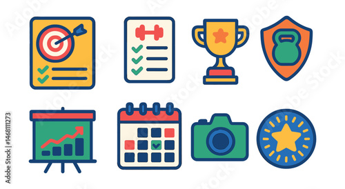Flat vector icons of fitness motivation and tracking: goal setting board, daily workout log, fitness challenge badge, achievement trophy icon, personal best chart, training calendar, progress photo
