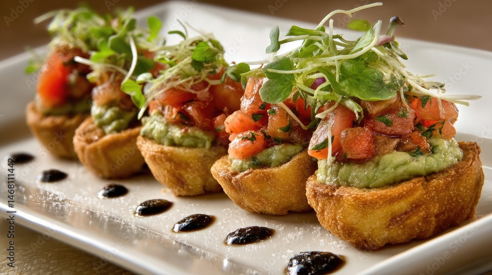 Bruschetta Bites Tomato Avocado Tapas on Plate. Bruschetta Bites Tomato Avocado Tapas on Plate.