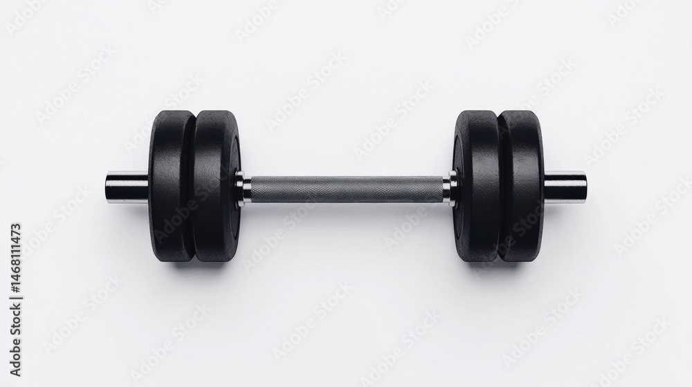 A black dumbbell with silver weights and a silver barbell. A black dumbbell with silver weights and a silver barbell.