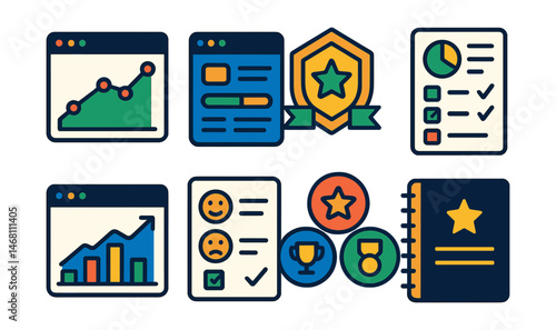 Flat vector icons of learning analytics and tracking: learning progress graph, course performance dashboard, skill mastery tracker badge, quiz results report, course engagement analytics, feedback