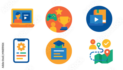 Flat vector icons of innovative learning methods: flipped classroom model icon, gamification in education badge, project-based learning icon, blended learning course badge, adaptive learning app,