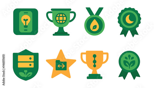 Flat vector icons of green and sustainable UI: energy-saving app badge, eco-friendly browsing mode trophy, minimal resource consumption medal, dark mode for battery saving ribbon, sustainable hosting