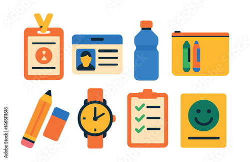 Flat vector icons of exam day essentials: exam admission ticket badge, student ID card, water bottle for exam, pencil and eraser icon, comfortable wristwatch, clear stationery pouch, exam rules