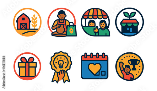 Flat vector icons of supporting local brands: buying from local farmers badge, supporting neighborhood artisans badge, attending local markets badge, promoting small sustainable businesses badge,