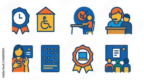 Flat vector icons of exam accommodations: extended time badge, accessible test center icon, quiet room exam setup, special needs exam support, sign language interpreter for exams, braille exam