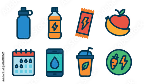 Flat vector icons of hydration and energy: reusable water bottle icon, electrolyte drink, energy bar packet, healthy pre-workout snack, hydration schedule chart, water reminder app, post-workout