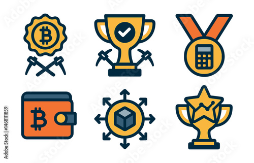 Flat vector icons of mining rewards: mined bitcoin payout badge, mining transaction confirmation trophy, mining rewards calculator medal, payout schedule ribbon, cryptocurrency mining wallet icon,