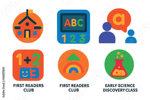Flat vector icons of early childhood education: pre-school learning center badge, ABC learning app, kindergarten math basics, phonics learning program, creative play learning badge, first readers