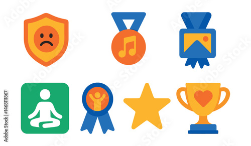 Flat vector icons of stress management apps: stress level assessment badge, coping strategy ideas trophy, relaxing sound playlist medal, visualization technique guide ribbon, calming exercises app