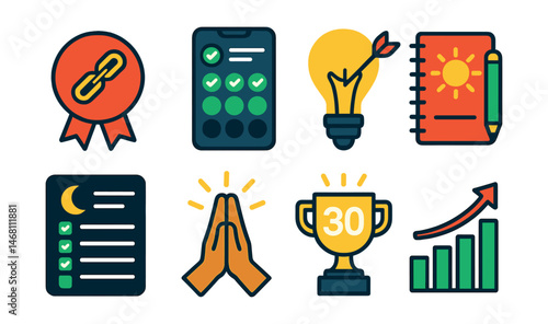 Flat vector icons of productivity habit building: tracking habit chains badge, using habit tracker apps badge, setting SMART goals badge, creating morning routines planner, planning evening shutdown