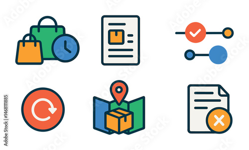 Flat vector icons of order history and tracking: past orders icon, order invoice sheet, reorder button, order status timeline, package location map, estimated delivery badge, shipment detail icon,