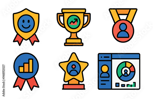Flat vector icons of customer analytics: customer satisfaction score badge, Net Promoter Score (NPS) trophy, customer journey mapping medal, customer loyalty analysis ribbon, customer feedback