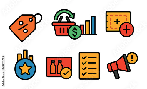 Flat vector icons of smart shopping and saving: discount coupon tag, cashback program icon, price comparison chart, coupon stacking badge, loyalty program rewards, bulk buying strategy card, smart