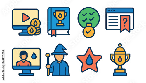 Flat vector icons of staking tutorials and onboarding: staking tutorial video badge, how-to stake guidebook trophy, beginner staking checklist medal, staking FAQs page ribbon, staking webinar session