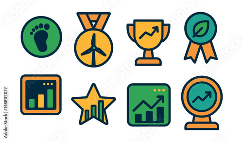 Flat vector icons of energy and sustainability analytics: carbon footprint monitoring badge, renewable energy production tracking medal, energy consumption analysis trophy, green initiatives progress