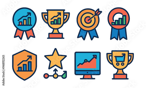 Flat vector icons of sales forecasts: monthly sales projection badge, quarterly revenue goal trophy, yearly sales target medal, market growth forecast ribbon, customer demand trend badge, product
