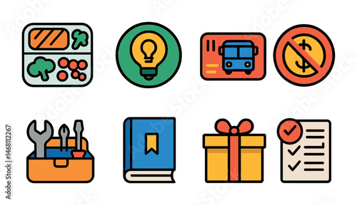Flat vector icons of expense reduction ideas: meal prepping symbol, energy saving badge, public transport pass, no-spend challenge icon, DIY repair kit, library book checkout, homemade gift box,