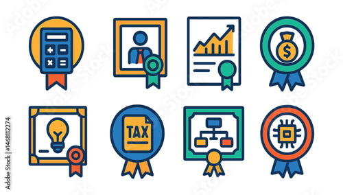 Flat vector icons of finance and business certifications: accounting certification badge, business management certification, financial analysis diploma, investment advisor certification,