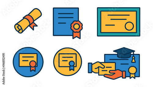 Flat vector icons of graduation diplomas: rolled diploma scroll badge, diploma with ribbon icon, official graduation certificate, framed diploma wall display, university diploma award, high school