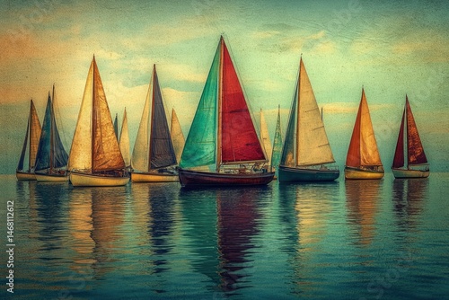 Fototapeta Naklejka Na Ścianę i Meble -  A picturesque fleet of sailboats gracefully glides across calm waters under a serene sky.