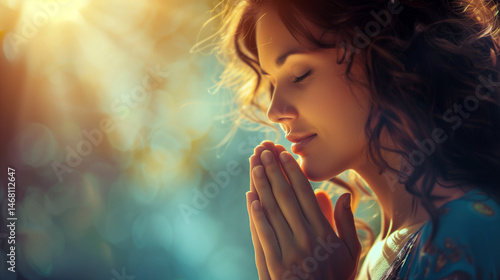 A praying woman, with her eyes closed and her arms folded