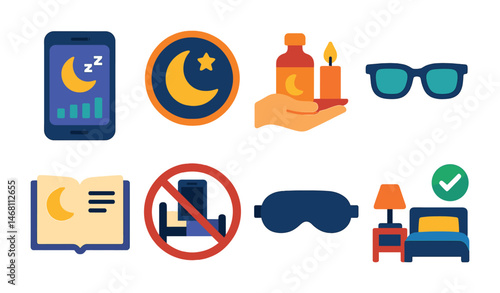 Flat vector icons of sleep and recovery habits: sleep tracker app, early bedtime badge, calming bedtime routine, blue light glasses icon, reading before sleep, no screens in bed icon, comfortable
