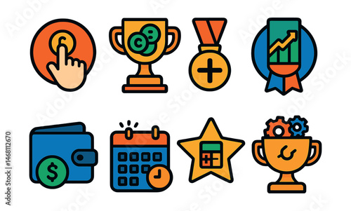 Flat vector icons of staking rewards management: reward claim button badge, auto-compound rewards trophy, staking bonus tracker medal, staking earnings graph ribbon, wallet staking balance icon,