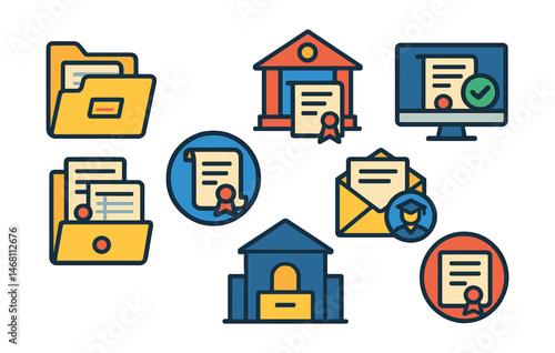 Flat vector icons of diploma archives and records: diploma archive folder badge, graduate records office icon, diploma verification process, transcript and diploma bundle, historical diploma