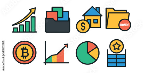 Flat vector icons of investment basics: stock market growth chart, mutual fund portfolio, real estate investment symbol, bonds folder icon, crypto investment badge, risk vs reward graph, diversified