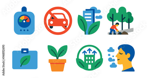 Flat vector icons of clean air initiatives: air quality sensor icon, no car day event, urban air purifier system, street trees planting, clean air pledge card, indoor plants for clean air, green
