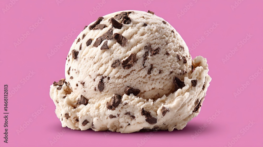 Chocolate Chip Ice Cream Dream Creamy Scoop on Pink Background. Chocolate Chip Ice Cream Dream Creamy Scoop on Pink Background.