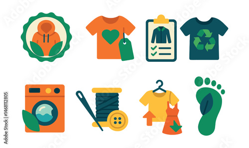 Flat vector icons of sustainable fashion and lifestyle: slow fashion badge, ethical fashion label, wardrobe declutter checklist, recycled fashion symbol, eco-friendly laundry icon, repair clothing