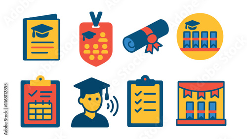 Flat vector icons of diploma ceremonies planning: graduation ceremony program icon, diploma seating arrangement badge, diploma roll preparation, diploma awards lineup badge, ceremony rehearsal