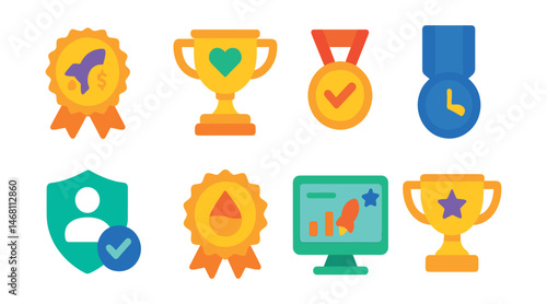Flat vector icons of DeFi launchpads: token sale launch badge, community funding round trophy, whitelisting form medal, vesting schedule viewer ribbon, decentralized ID verification icon, liquidity