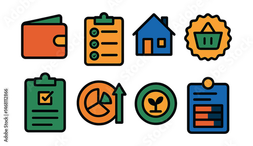Flat vector icons of minimalist financial living: minimal wallet icon, essential spending list, simple living house, mindful shopping badge, financial declutter checklist, intentional spending guide,