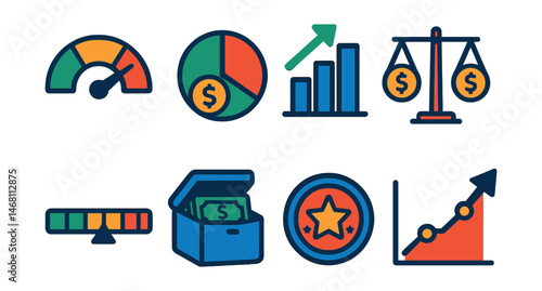 Flat vector icons of financial health indicators: credit score gauge, savings to debt ratio chart, net worth tracker, financial stability scale, risk tolerance bar, emergency savings buffer,