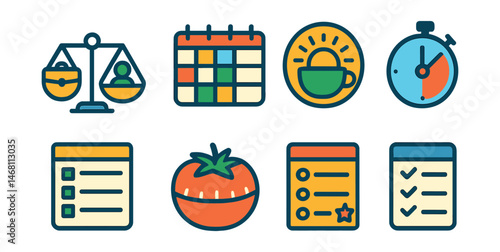 Flat vector icons of time management and work balance: work-life balance scale, time-blocked calendar, productive morning routine badge, timeboxing timer icon, weekly goal planner, pomodoro focus