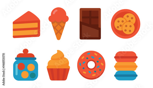 Flat vector icons of desserts and sweets: slice of cake, ice cream cone, chocolate bar, cookie plate, candy jar, cupcake with frosting, donut with sprinkles, macaron stack.