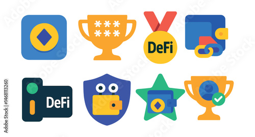 Flat vector icons of DeFi wallets: non-custodial wallet app badge, seed phrase backup trophy, DeFi portfolio management medal, wallet connection to dApps ribbon, hardware wallet DeFi access icon,