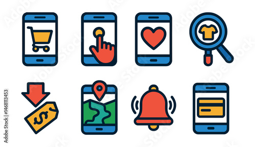 Flat vector icons of mobile e-commerce features: mobile cart icon, one-click checkout, favorite wishlist heart, product search magnifier, price drop alert, order tracking map, delivery notification