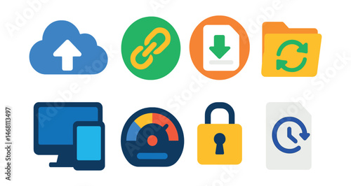 Flat vector icons of cloud storage and sharing apps: cloud upload icon, file sharing link, document backup badge, sync folder icon, multi-device access symbol, storage usage meter, encrypted file