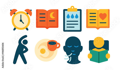 Flat vector icons of daily routine and habits: morning wake-up alarm, evening reflection journal, daily water intake tracker, gratitude diary, stretching routine icon, breakfast ritual, mindful
