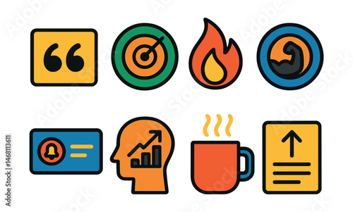 Flat vector icons of motivation and inspiration: motivational quote card, focus mindset badge, passion pursuit flame, resilient mindset badge, daily inspiration notification, success visualization