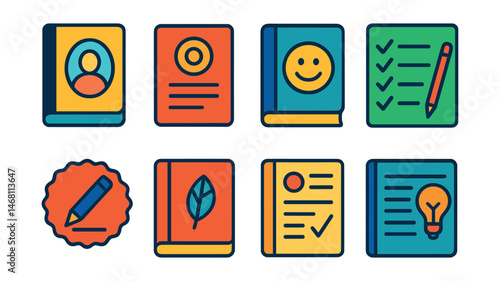 Flat vector icons of self-reflection and journaling: reflection notebook icon, journal prompt card, mood tracking diary, self-evaluation checklist, gratitude writing badge, personal growth journal,
